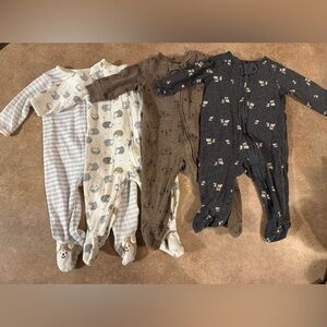 4 PACK! Adorable, Fun Zip Up Footies Pajamas- Cream, Brown, Gray 6M Animals